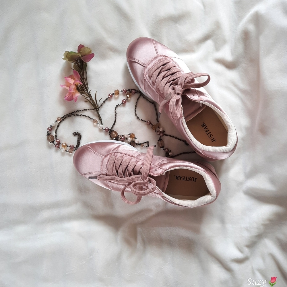 JUST FAB Blush Pink Satiny Sneakers, Lace-Up